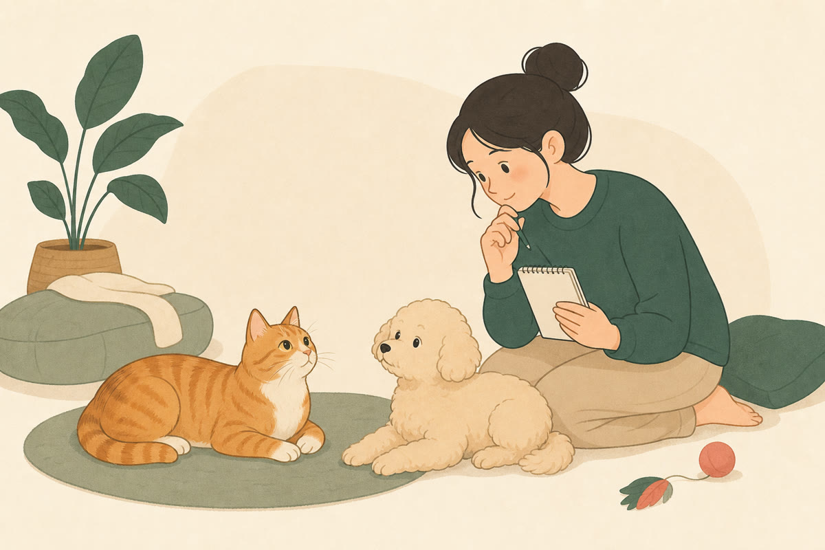 插畫：飼主拿著觀察筆記，安靜留意身旁的橘貓與米色小狗